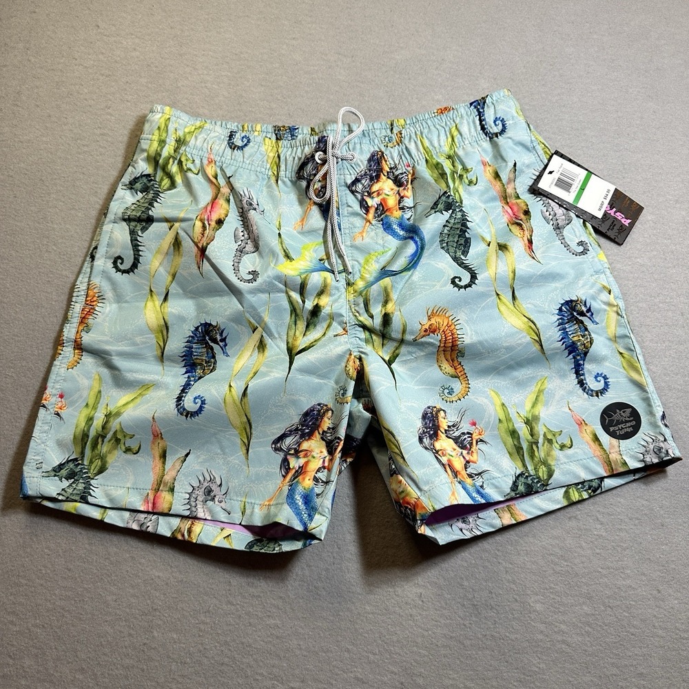 Psycho Tuna The Sea Queen Swim Trunks Mens Large Mermaid Pool Shorts Blue NWT